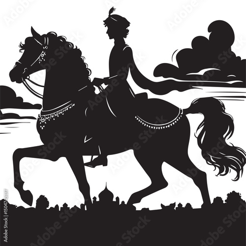Silhouette of a person riding a horse, editable vector image
