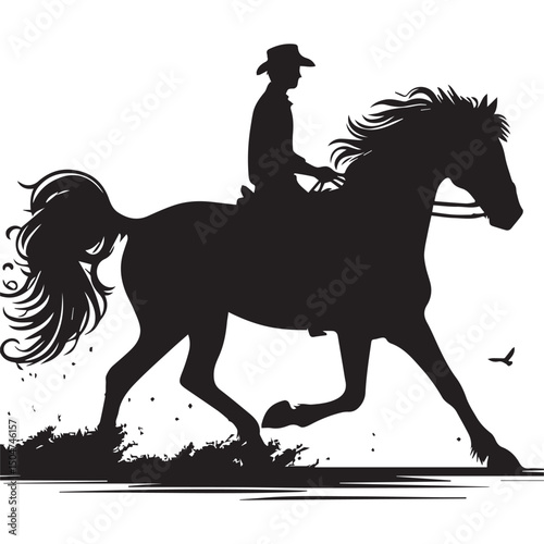 Silhouette of a person riding a horse, editable vector image