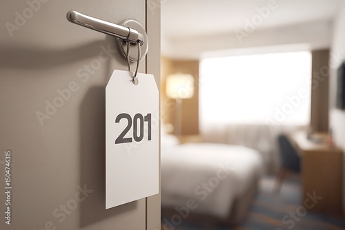 호텔 객실 문과 룸 키 태그 201 AI 생성