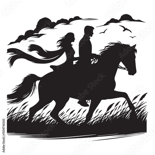 Silhouette of a person riding a horse, editable vector image