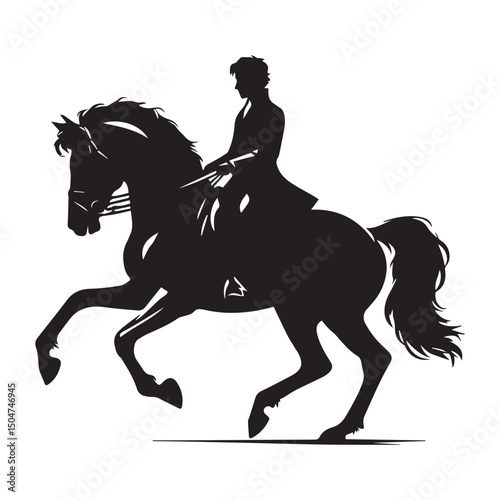 Silhouette of a person riding a horse, editable vector image