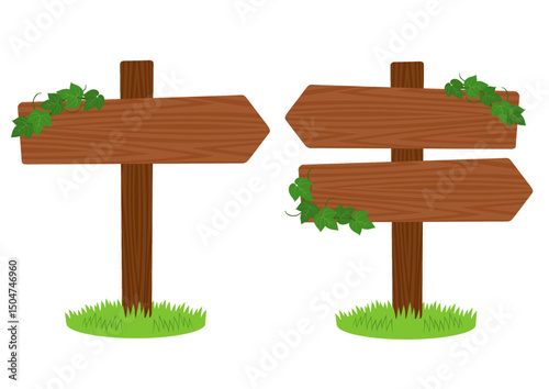 葉が巻き付いているヴィンテージの木製の矢印の看板と草のイラストのセット
