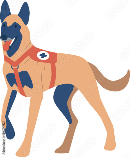 Rescue shepherd dog in harness