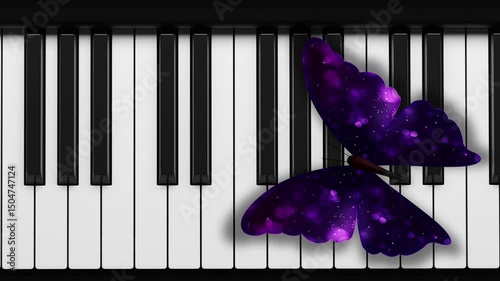 Purple Particle Butterfly on Piano Keys 4K loop features a butterfly sitting on a piano keys flapping purple liquid lights animated flowing wings in a loop.