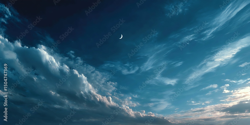 Fototapeta premium 초승달과 구름이 어우러진 저녁 하늘 풍경 AI 생성