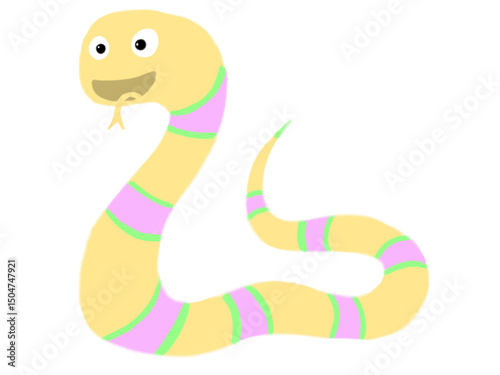 Cute pastel cartoon snake hand-drawn with crayon, perfect for children’s books—engages imagination, enhances creativity, and makes learning fun.

