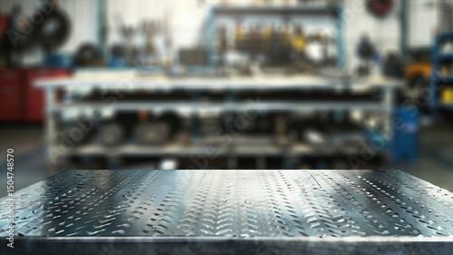 Metal workshop plate tabletop garage with a lot of automotive parts and tools. mechanic workbench countertop table. Farewell work workroom. Realistic background. Garage full of stuff workbench 