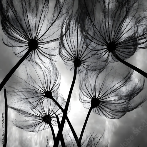 Delicate dandelion flowers reaching for the cloudy sky