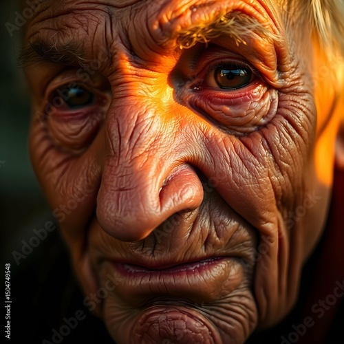 Elderly person’s close-up showing deep facial lines and emotional expressions such as wisdom, sorrow, joy, and nostalgia, warm lighting, high-detail wrinkles and textures, realistic photography