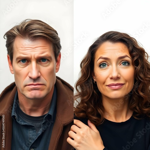 Portrait set of adult man and woman showing various emotional expressions — calm, annoyed, thoughtful, excited — with neutral background, clean lighting, studio style, space for overlay