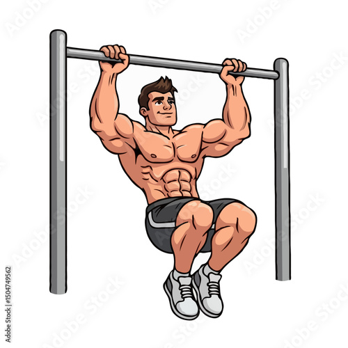 Strong Athletic Cartoon Man Pulling Bars Enjoying Workout, Fitness Training Vector Illustration
