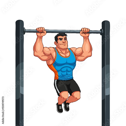 Strong Athletic Cartoon Man Pulling Bars Enjoying Workout, Fitness Training Vector Illustration