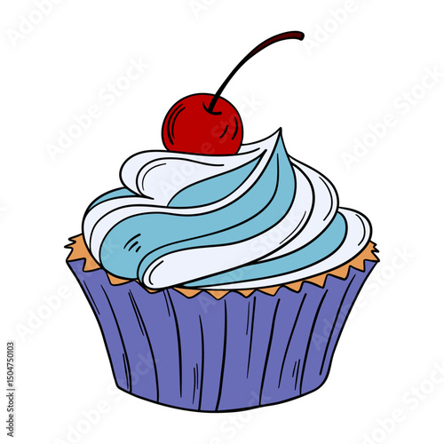 Appetizing cupcake sweet baked dessert confectionery with paper cup, cream, muffin  and cherry on top. Outline food art pastry
