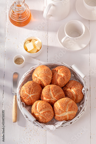 Fotografie Tasty Kaiser buns with sesame , freshly baked.