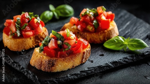 Mini Bruschetta with Tomato and Basil on Slate Plate Presentation