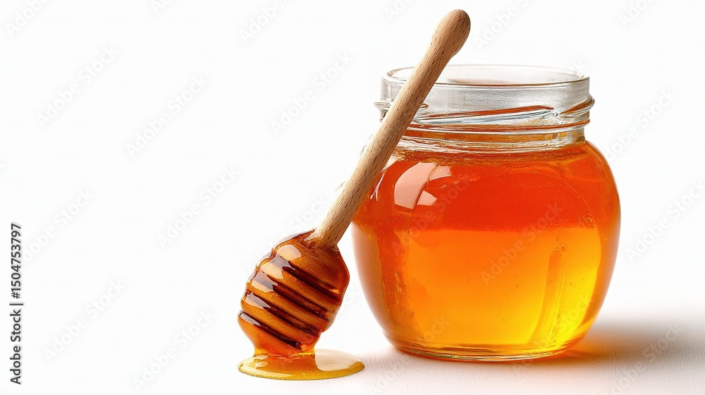 Jar of Honey with Wooden Dipper on White Background for Food Photography Jar of Honey with Wooden Dipper on White Background for Food Photography