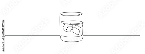 Whiskey glass in one continuous line drawing. Whisky and liquor with ice cubes for alcohol drink menu in simple linear style. Editable stroke. Doodle monoline vector illustration