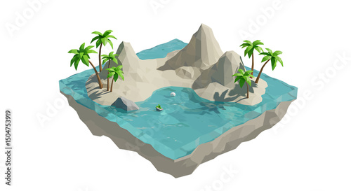 3D Low Poly Island Scene Featuring Palm Trees, Clear Water, and Geometric Mountains on a White Background