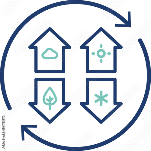 Vector icon showing a home with four seasons elements (sun, snowflake, leaf, rain). Perfect for real estate projects, resorts, or adaptive housing. Editable outlines for full customization.