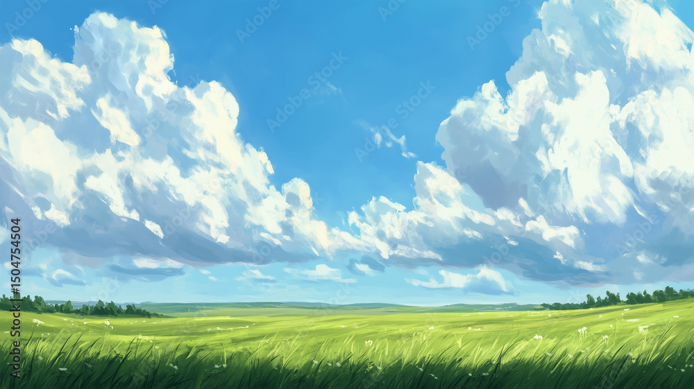 Obraz premium 油絵風の広がる草原と空の風景