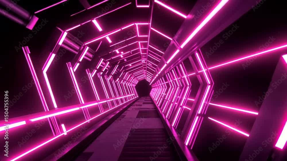 Abstract dark tunnel with geometric shapes illuminated by radiant magenta lights, leading to a distant vanishing point