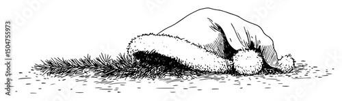 santa hat lying on ground in outline holiday sketch style