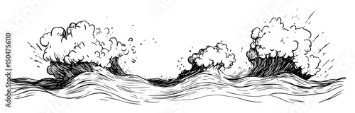 ocean waves crashing with spray in dynamic engraving sketch style