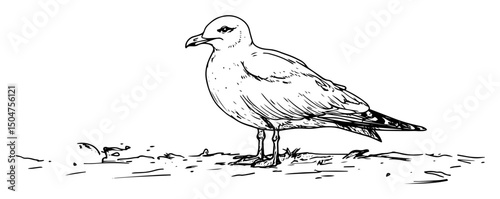 seagull standing on shore in black outline engraving style
