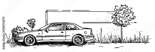 car parked by the roadside in engraved black sketch style