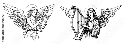 christmas angels playing instruments line art illustration