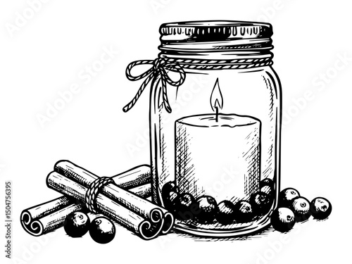 candle in jar with cinnamon sticks line art illustration