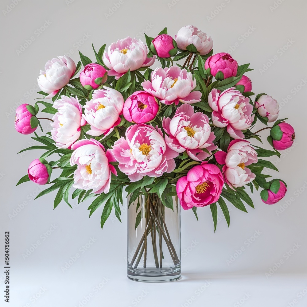 Fototapeta premium Pink and white peonies in glass vase