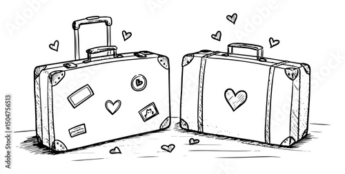 suitcases with hearts wedding honeymoon travel sketch