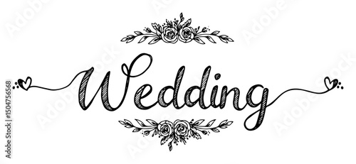 wedding text with floral decoration hand drawn