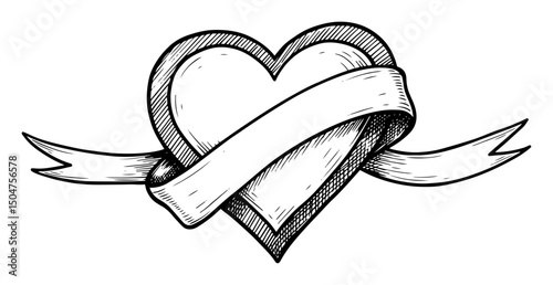 heart with ribbon romantic hand drawn illustration