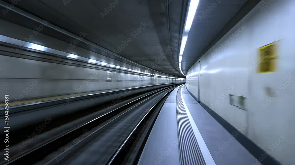 Inside a subway tunnel, with curved metal tracks and modern lights overhead, walls are gray Inside a subway tunnel, with curved metal tracks and modern lights overhead, walls are gray
