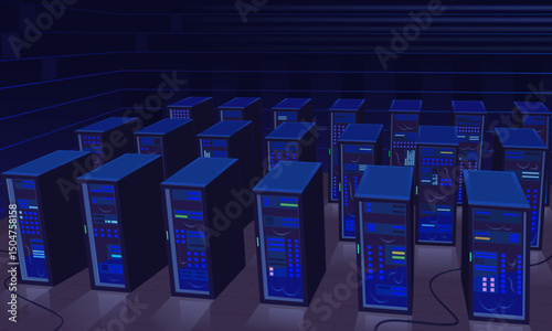 Data center, a room with server equipment for processing and storing large amounts of information. Interior of a technical room of IT or engineering infrastructure. Vector cartoon illustration.