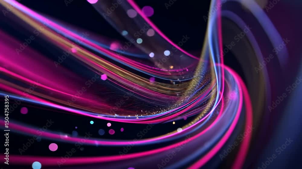 Abstract artwork featuring flowing, neon-colored strands and dots of light against a dark background with subtle linear texture