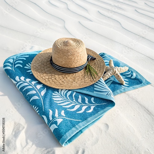 Straw Hat Resting on a Beach Towel on White Background