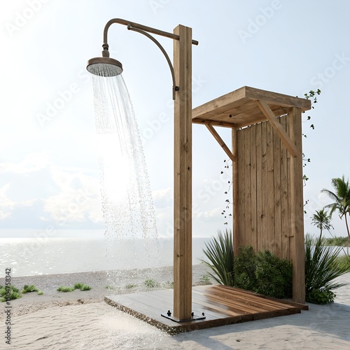 Refreshing Outdoor Shower Illustration on White Background