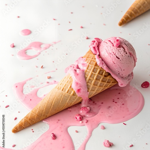 Ice Cream Melting in a Cone on White Background