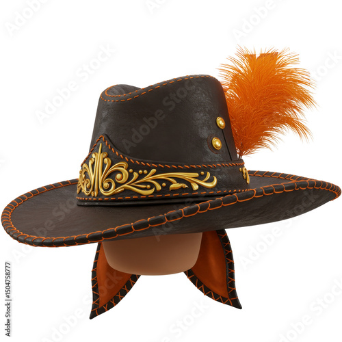 Traditional Sertanejo Leather Hat with Feather and Ornate Details