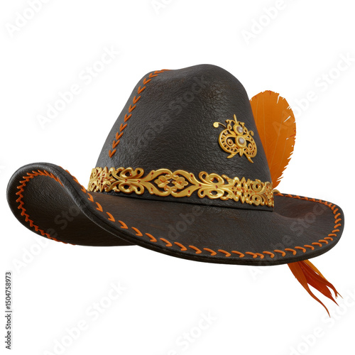 Traditional Sertanejo Leather Hat with Feather and Ornate Details