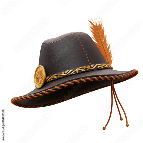 Sertanejo Leather Hat with Golden Ornaments and Rustic Stitching
