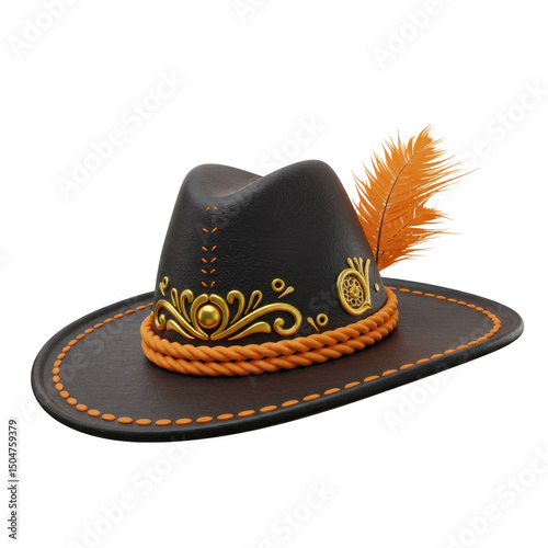 Traditional Sertanejo Leather Hat with Feather and Ornate Details