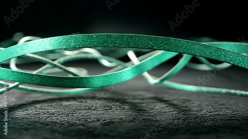 Close-up view of intricately intertwined, glossy aquamarine ribbon-like structures against a blurred, dark background