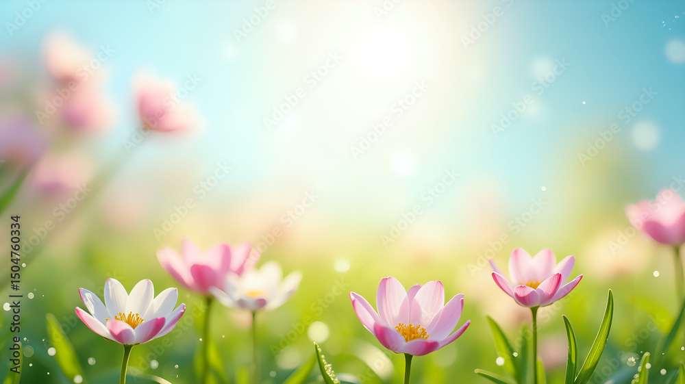 Obraz premium Spring Landscape with Blooming Flowers and Clear Blue Sky.