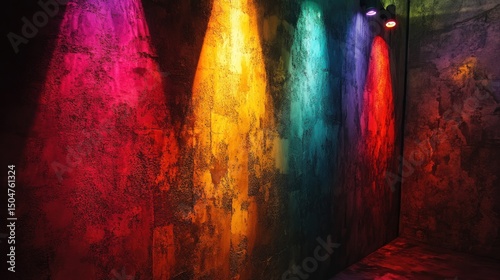 Colorful spotlights illuminate textured walls