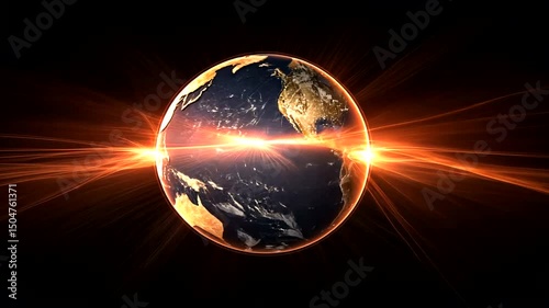 Globe illuminated by intense orange rays, set against a dark void