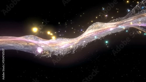 Abstract flowing formation of light streaks and glowing particles against a dark space background